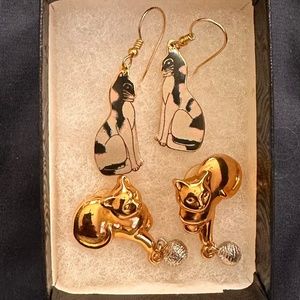 Vintage REO & Avon kitty cat earrings dangle post gold cloisonné enamel pierced